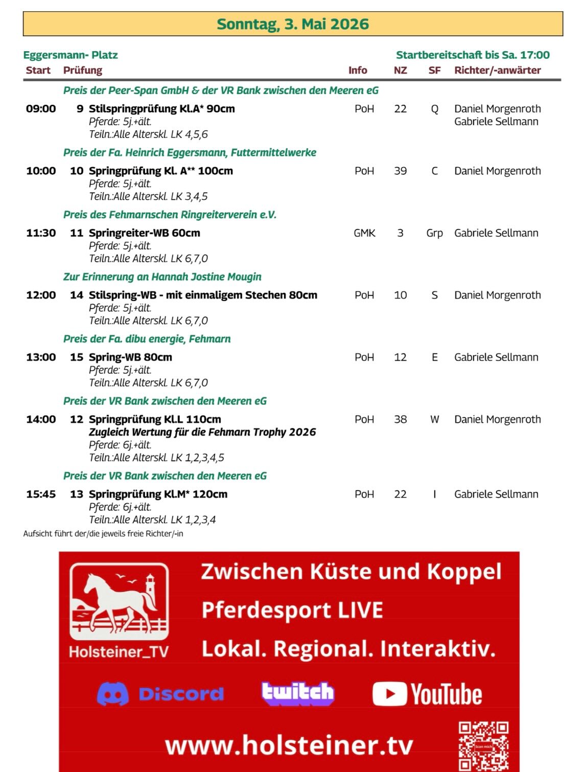 Programm für Sonntag, den 3. Mai 2026 - Sandplatzturnier am 2. und 3. Mai 2026 im Reitsportzentrum Fehmarn