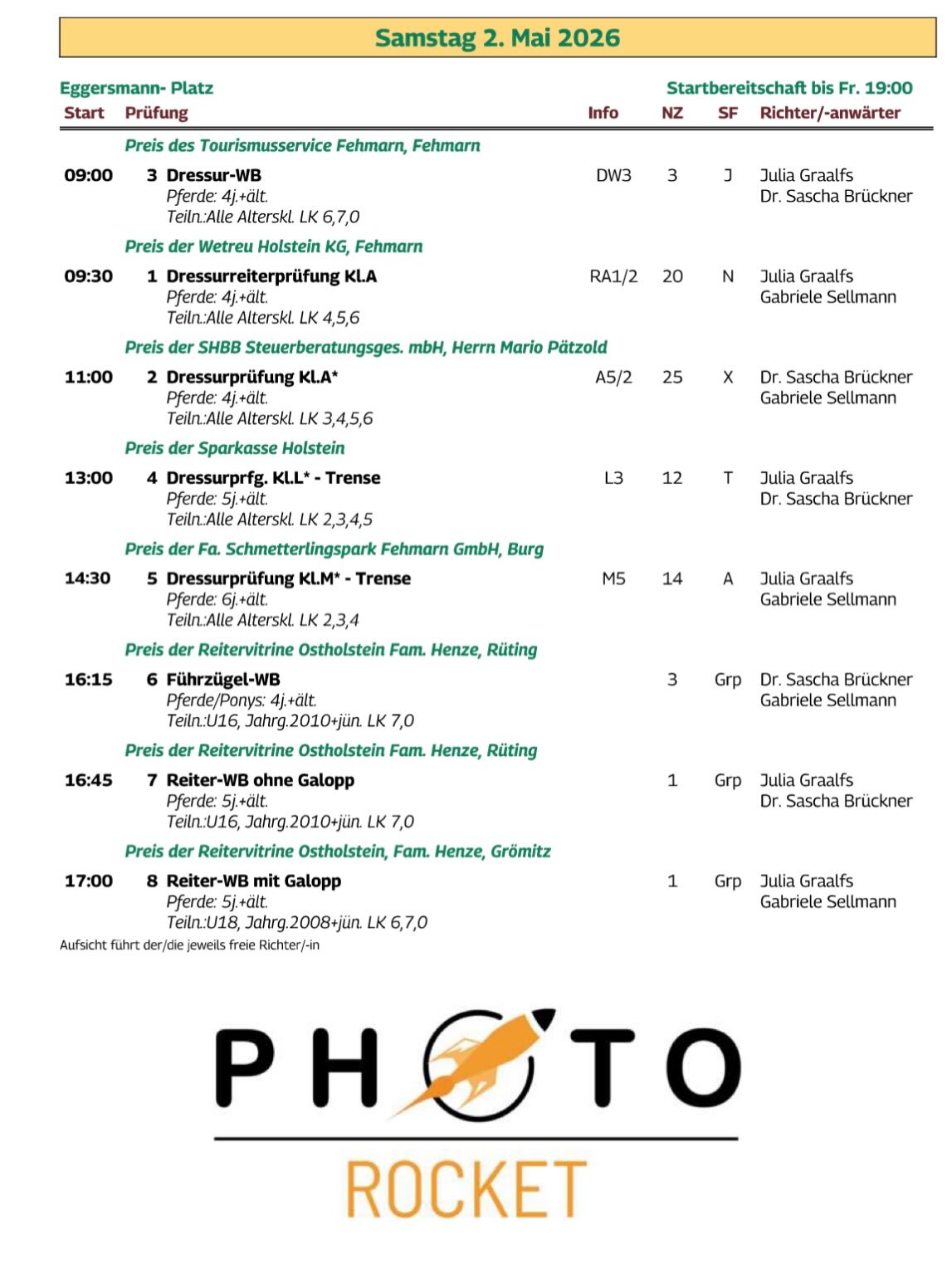 Programm für Samstag, den 2. Mai 2026 - Sandplatzturnier am 2. und 3. Mai 2026 im Reitsportzentrum Fehmarn